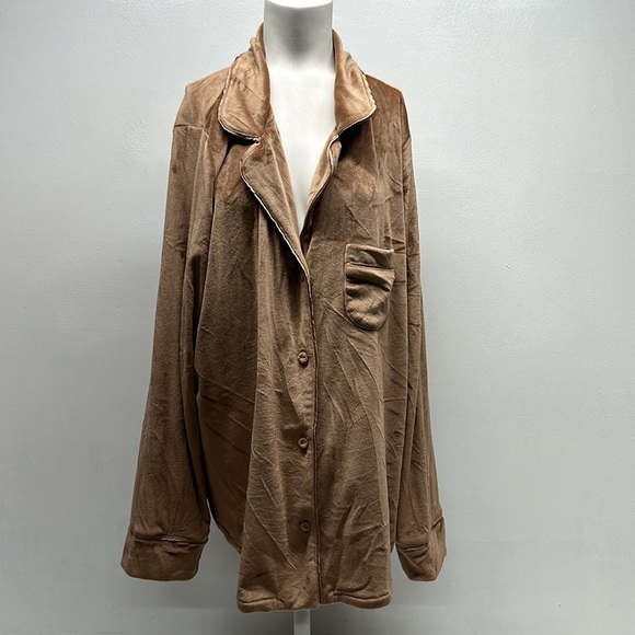 Skims Velour Button Up Sleep Shirt Collared Crushed Velvet Top Tan Plus Size 2X - Picture 2 of 10